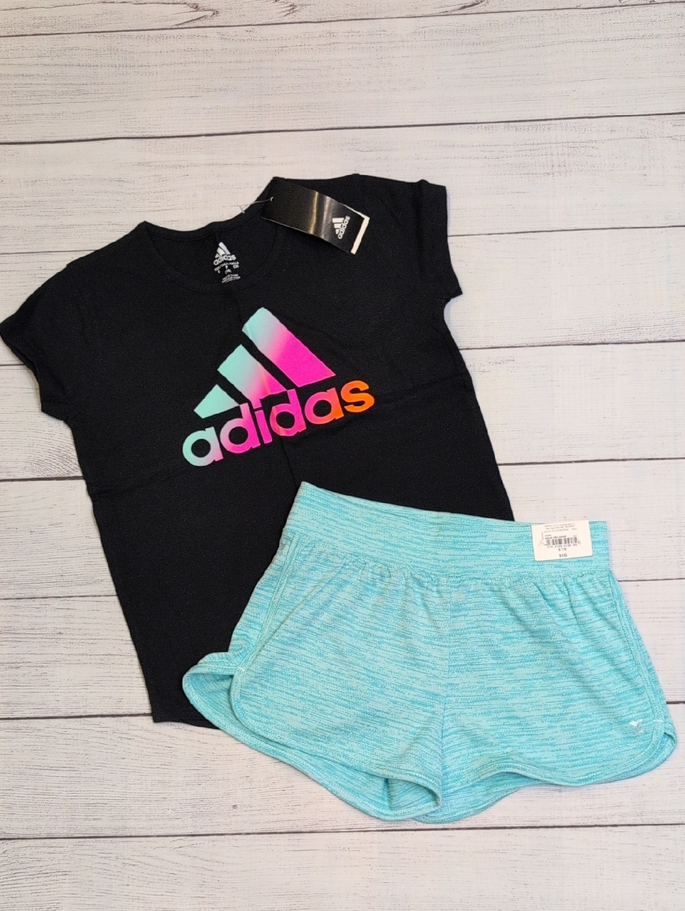 adidas Black Tee with Gradient Logo & Aqua Athletic Shorts
